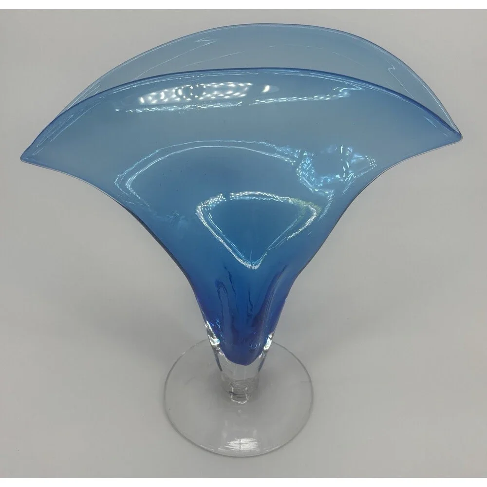 Vintage Blenko Blue & Clear Base Art Fan Glass Vase Hand Blown #872
